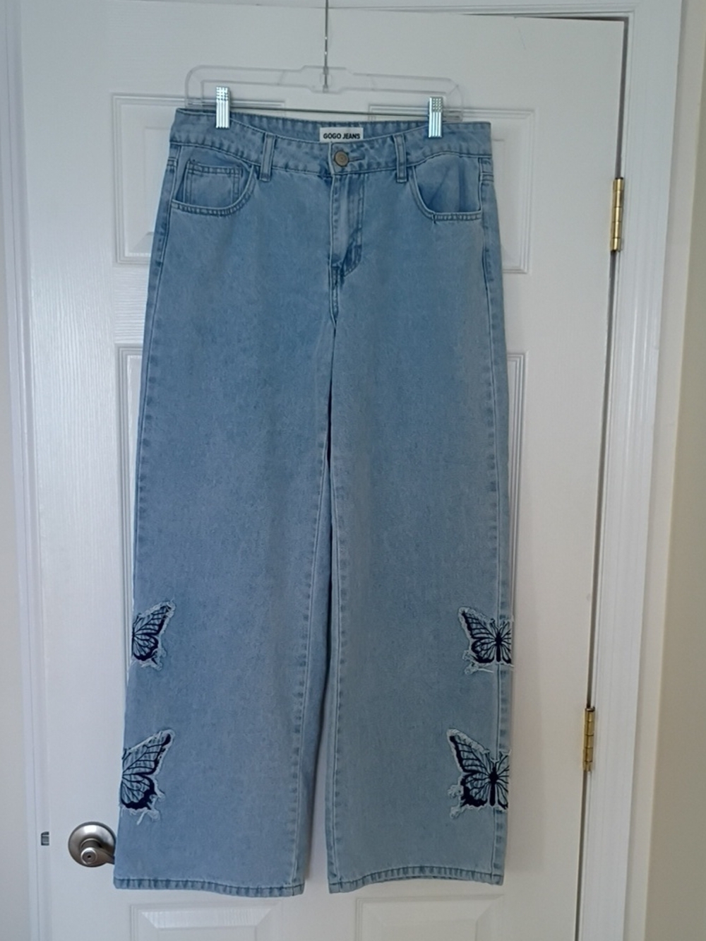 Gogo Jeans Women's Light Blue Wide Leg Butterfly Embroidered Jeans
